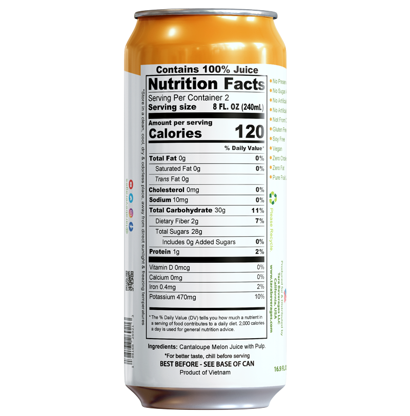 Tara Pure Cantaloupe Melon Juice, With Pulp, No Added Sugar, 16.9 fl.oz (12pk)