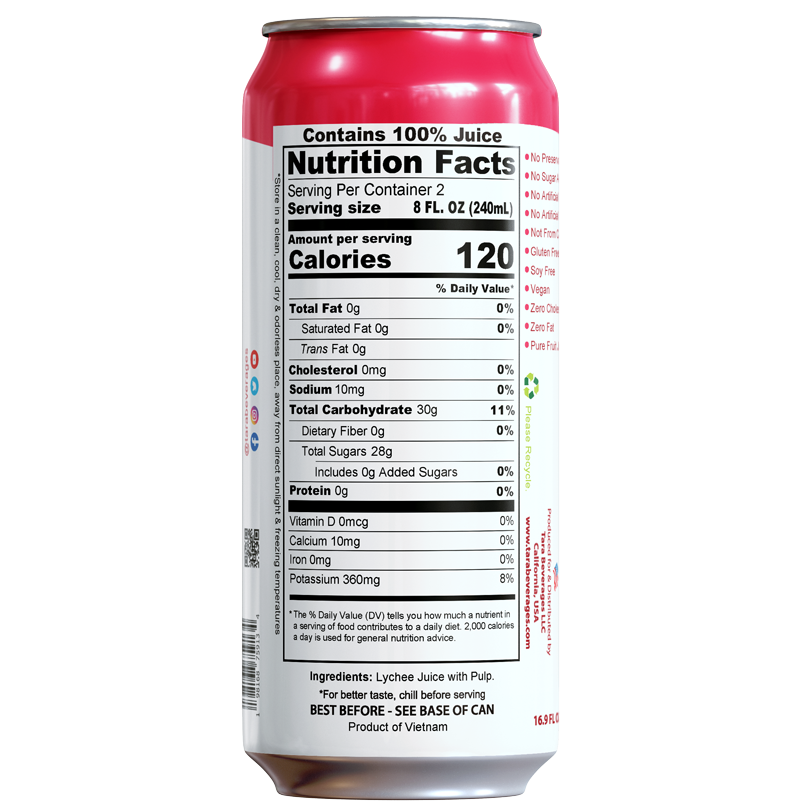 Tara Pure Lychee Juice With Pulp, 16.9 fl.oz (No Added Sugar)