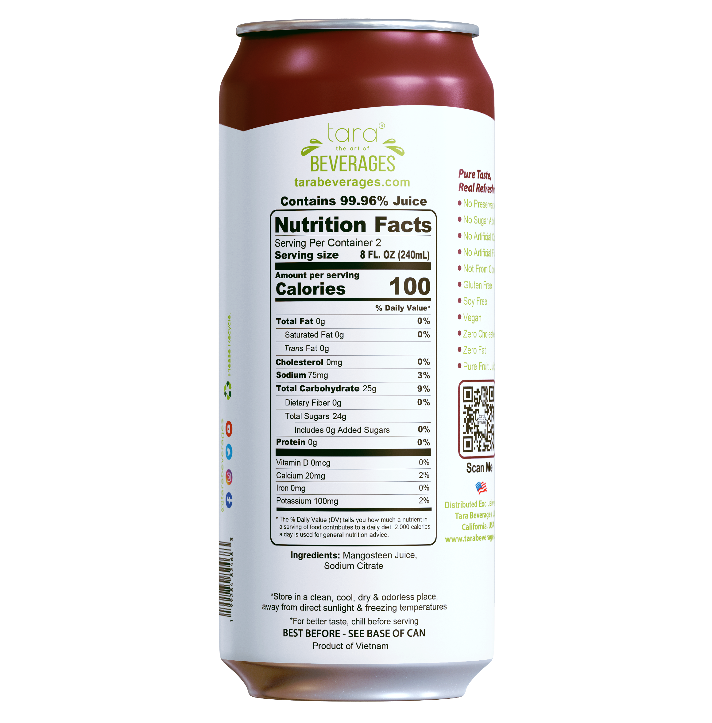 Tara Pure Mangosteen Juice No Pulp, No Added Sugar, 16.9 fl.oz (12pk)