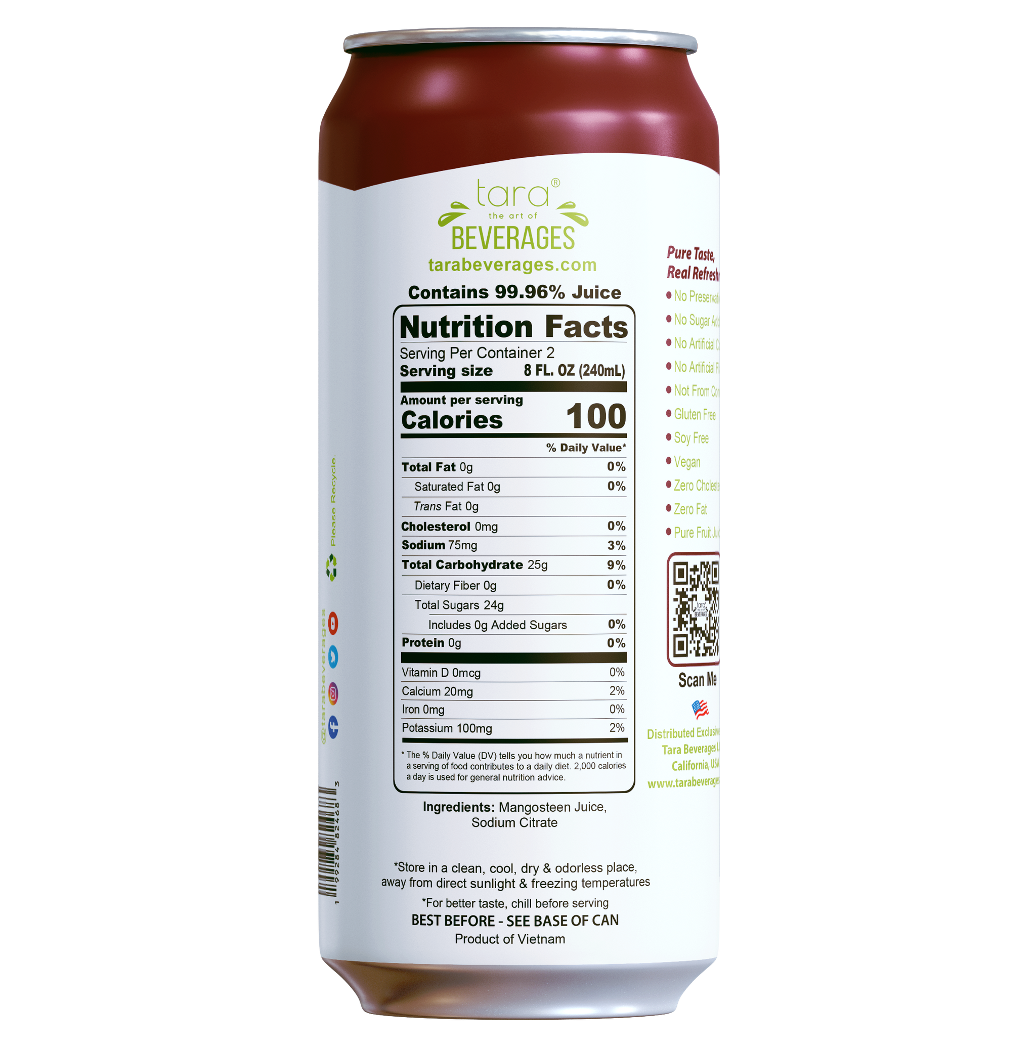 Tara Pure Mangosteen Juice No Pulp, No Added Sugar, 16.9 fl.oz (12pk)