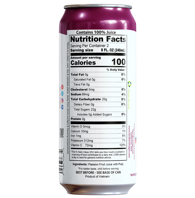 Tara Pure Passionfruit Juice With Pulp, No Added Sugar, 16.9 fl.oz (12pk)
