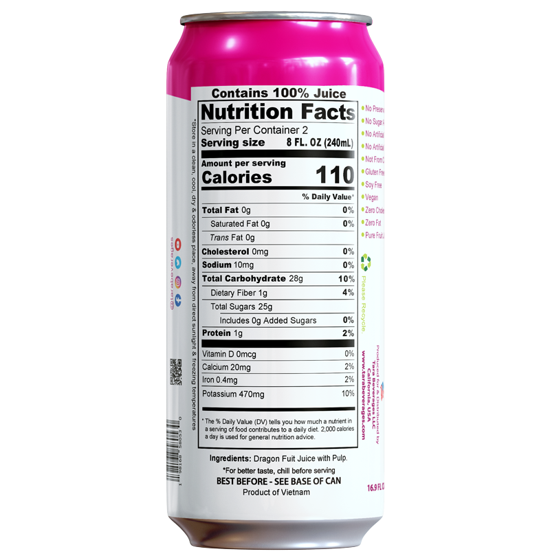 Tara Pure Dragon Fruit Juice With Pulp, No Added Sugar, 16.9 fl.oz (12pk)